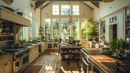 A spacious kitchen with modern appliances, a large wooden table, and plenty of natural light coming through big windows and skylights. 