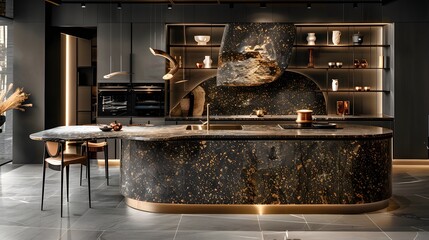 Wall Mural - Luxurious modern kitchen with dark cabinets and a unique marble island illuminated by warm lighting 