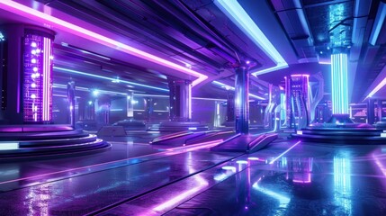 Wall Mural - An empty room with a purple neon lights