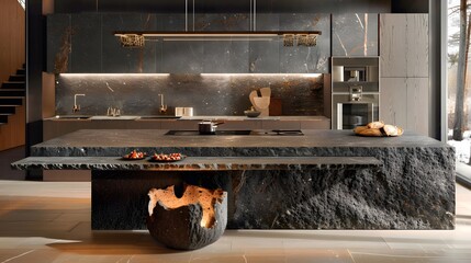 Wall Mural - Modern luxury kitchen interior design with a large stone island and high-end appliances. 