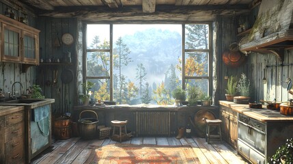 Wall Mural - A cozy rustic kitchen interior with a scenic mountain view through a large window. 