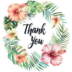 Wall Mural - Thank you card in a bouquet of hibiscus flowers, tropical flowers and palm leaves on a white background