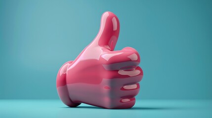 Wall Mural - Bright pink thumbs-up sculpture against a blue background, symbolizing approval, positivity, and success in a modern and playful style. 3D Illustration.