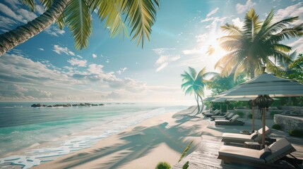 Wall Mural - A beach scene with palm trees and umbrellas. Scene is relaxing and peaceful