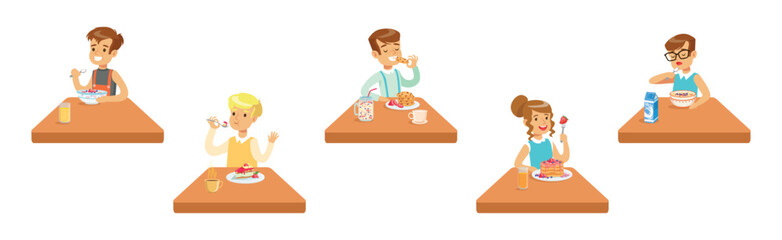 Wall Mural - Little Kids Sit at Table Eat Breakfast Meal Vector Set