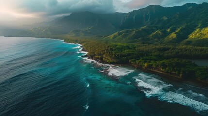 Poster - A stunning aerial view of a lush, green coastline with waves crashing upon the shore, under a cloudy sky and mountain range.