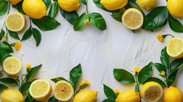 Lemons Sunshine A bright and refreshing lemon-themed floral border, with green leaves on a white background, evokes a sense of summer joy
