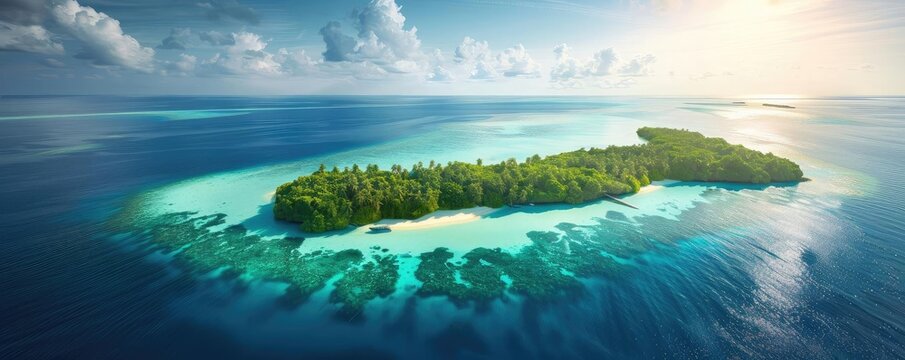 Aerial view of a tropical island surrounded by crystal clear turquoise waters and coral reefs under a sunny sky.