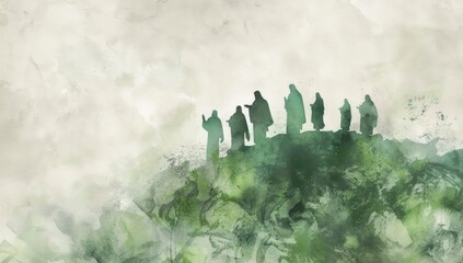 Watercolor silhouette of Jesus Christ with his disciples on top of the mountain.