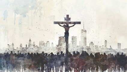 Watercolor silhouette of Jesus on the cross with many people praying in front of him.