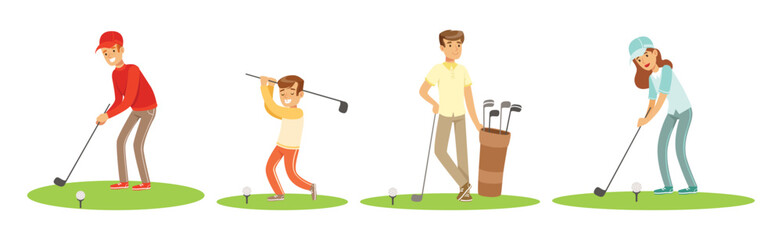 Sticker - People Character Playing Golf with Club Vector Set