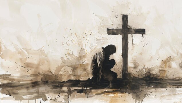 Watercolor painting of an isolated silhouette man kneeling in front, praying with a cross in the background.