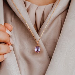 Wall Mural - Opulent diamond necklace featuring a gleaming pendant in layers of weathered bronze reflecting soft violet hues minimalist elegance model's fingers delicately holding the necklace white background