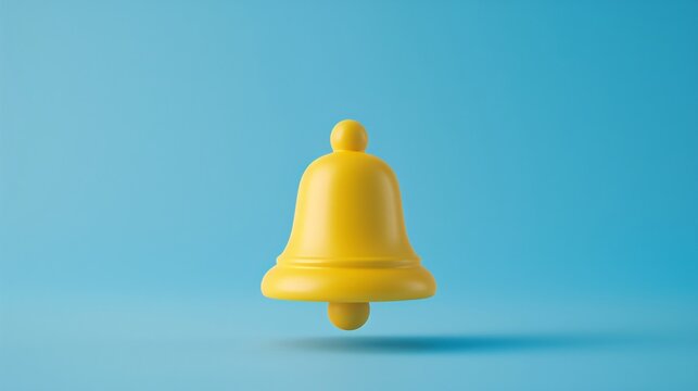 Minimalistic yellow bell against a blue background, symbolizing alert or notification in a clean and simplistic design. 3D Illustration.