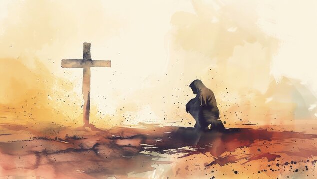 Watercolor painting of Jesus kneeling in front, praying with a cross in the background.