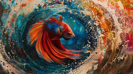 A majestic crown tail fighting fish emerging from a swirling, colorful vortex of water, its fins radiating energy