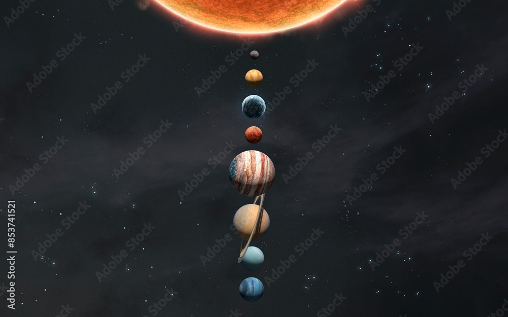 3D illustration of solar system and sun. High quality digital space art ...