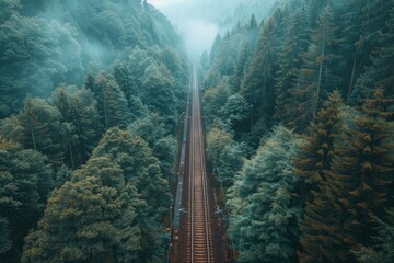 Railroad Through Foggy Forest