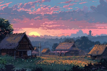 Pixel Art Village Sunrise - 8bit pixel art background
