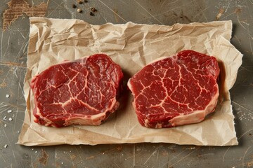 Wall Mural - Juicy Raw Steaks on Wrapping Paper