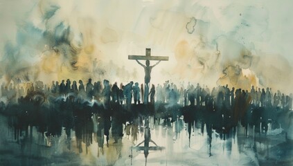 Wall Mural - Watercolor painting of Jesus on the cross with crowd.