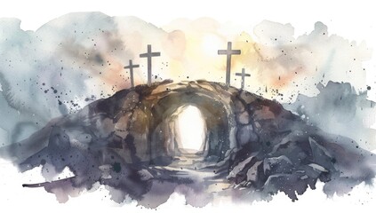 Wall Mural - Watercolor painting of the empty tomb with three crosseson top of hill outside cave.