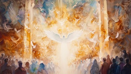 Watercolor painting of the Holy Spirit descending in an ancient church.