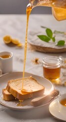 Wall Mural - Honey drips from a wooden spoon onto crispy toast An inviting sweet breakfast table with fresh honey captured in a vertical video 4k