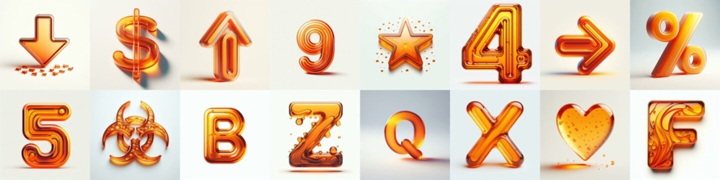 Orange transparent glass 3D Lettering Typeface. AI generated illustration