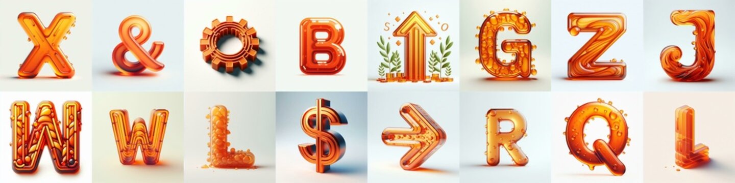 Orange transparent glass 3D Lettering Typeface. AI generated illustration
