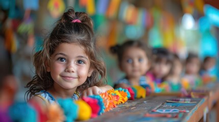 Wall Mural - Children gathered around the table to create crafts and decorations for Children's Day.