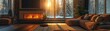 © Sunshine - Cozy Modern Living Room with Fireplace and Large Windows Overlooking a Snowy Forest at Sunset