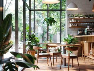 Sticker - The Cozy Coffeehouse Interior with modern minimalist design, clean lines, and large windows letting in plenty of natural light.