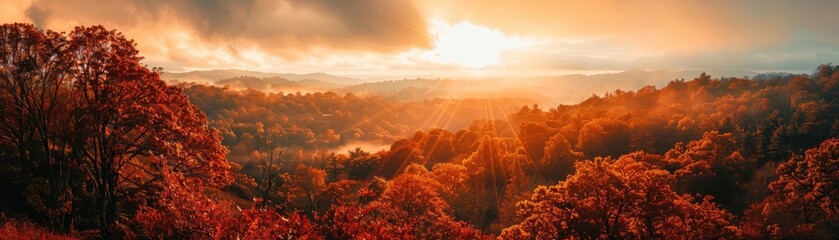 Stunning sunset over a beautiful autumn landscape with vibrant fall colors and a panoramic view of the forest and distant hills.