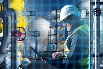Poster - industrial specialist. man worker at chemical factory. manufacturing contractor holding laptop. man 
