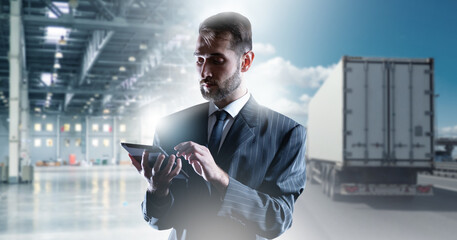 Poster - Businessman is engaged in logistics. Man with e-tablet works in transport company. Logistics manager near truck. Businessman owner of delivery business. Man is using logistics app. Guy near warehouse