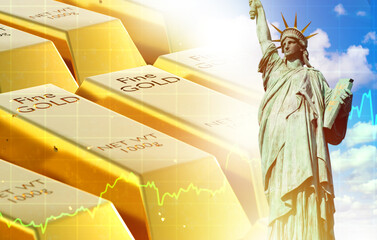 Wall Mural - US gold reserve fund. Statue of liberty. Pure gold bars. Rising prices for precious metals in US. Golden bullion for accumulating wealth. Increasing volumes of gold in US vaults. Investments in aurum