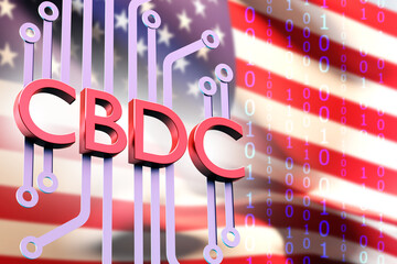 Poster - CBDC in USA. Central bank digital currency. Official cryptocurrency of American government. Implementation of CBDC in USA. Blockchain technology. CBDC in united states. Electronic money. 3d image