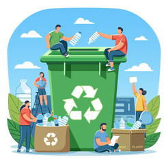 People recycling plastic bottles with a large green recycling bin in the center on a blue background. Vector illustration