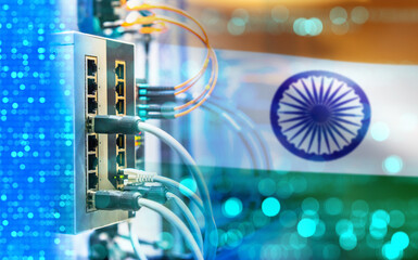 Poster - network hardware. flag of india. internet switch. router with wires. internet equipment made in indi
