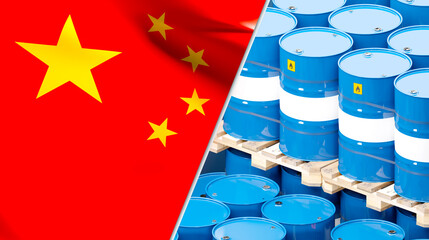 Wall Mural - Barrels with oil and flag of China. Supplies of petroleum to China. Oil import. Petroleum processing in China. Oil barrels are stored on pallets. Fuel warehouse of Chinese company. 3d image