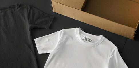 Wall Mural - White tshirt mockup template with cardboard box on black background.