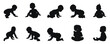 © Pixel Pine - Crawling babies silhouettes vector black and white illustration. Infants in different positions from side view.