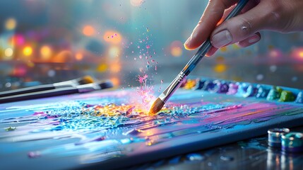 Sticker - A robotic arm equipped with a paintbrush, creating a digital painting on a canvas. List of Art Media: Photograph inspired by Spring magazine.