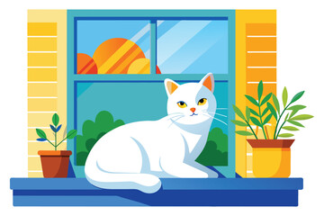 White cat basking in the sun on windowsill vector cartoon illustration. Cozy domestic scene with potted plants and morning sunrise.