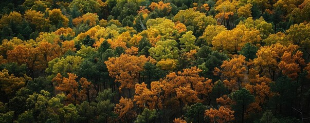 Wall Mural - Beautiful aerial view of a lush forest in autumn with vibrant yellow and green trees creating a stunning blend of natural colors.