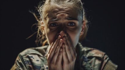 Military women experiencing anxiety, ptsd, or depression look for psychology help. Army soldier person portrait in shock on a dark studio background mockup