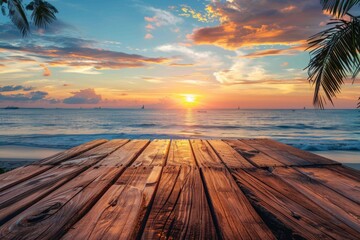 Wall Mural - Tropical Beach Sunset Over Wooden Deck