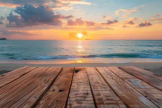Sunset Over Tropical Beach with Wooden Deck