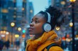 © Sandu - Young Woman Enjoying Music in Cityscape